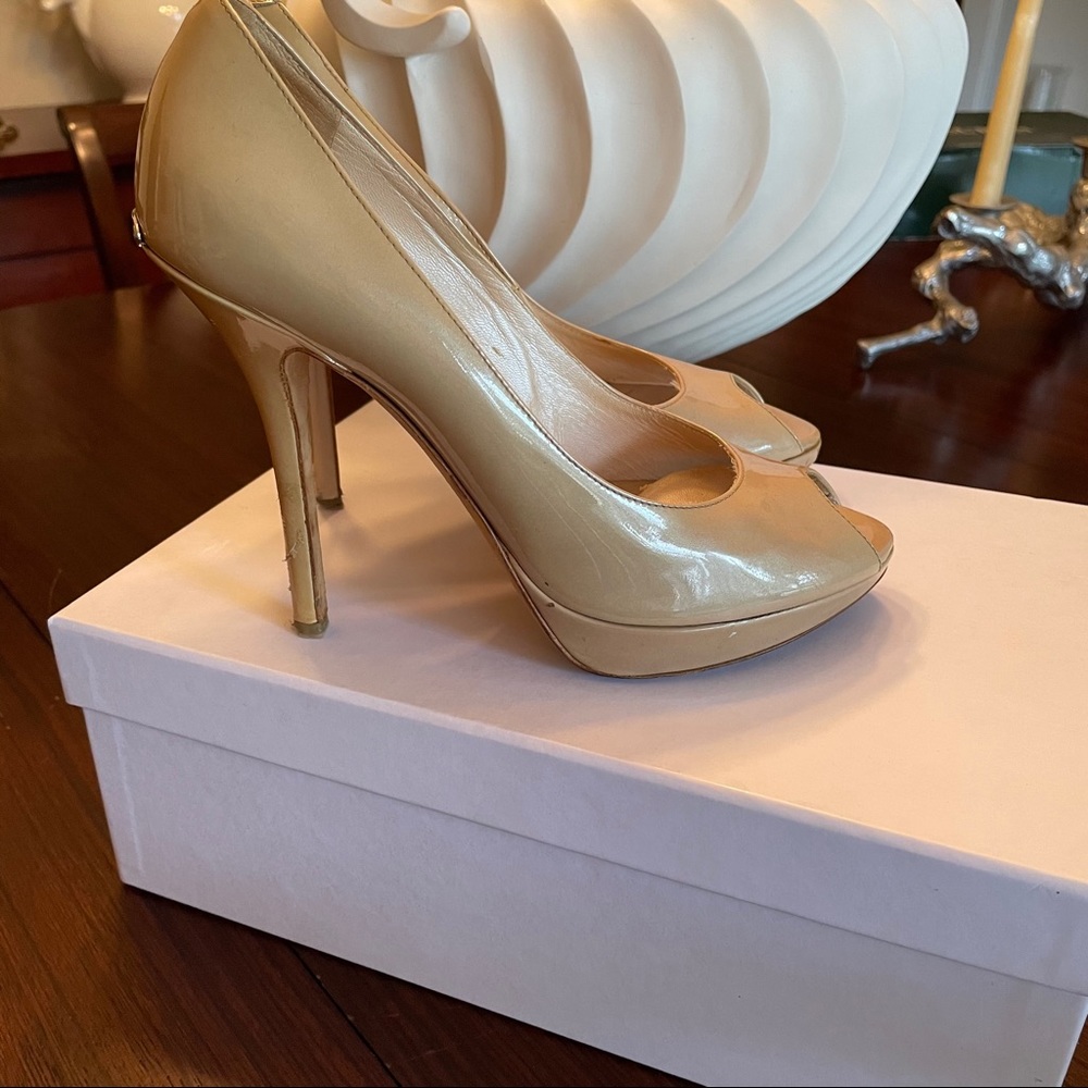 DIOR beige patent leather peep toe platform heels